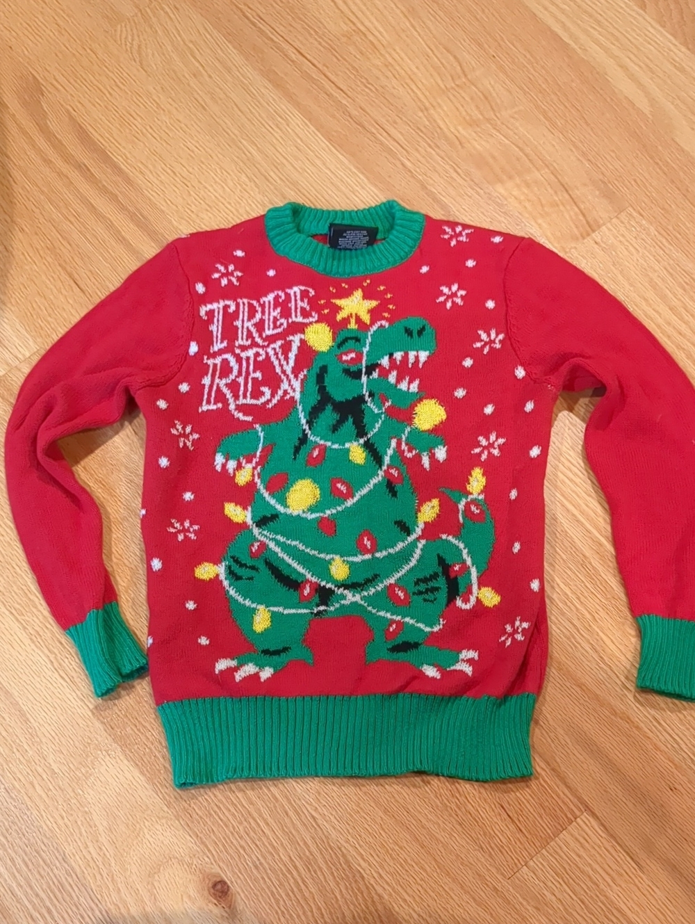 Well Worn Men's Red Crewneck Sweater with Green Trim and Holiday Dino Graphic